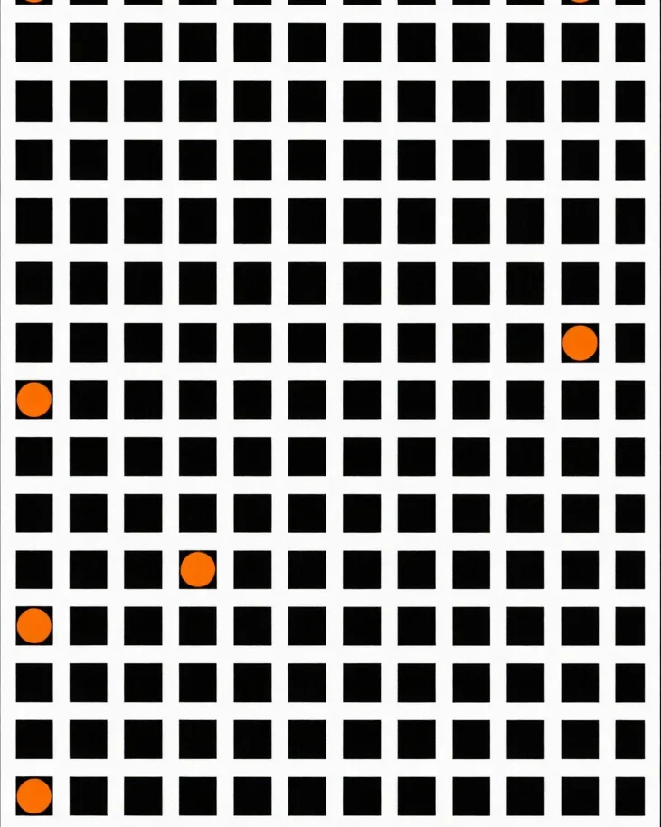 Flat vector illustration of a crisp geometric index grid with orange highlight markers on a near-black background, subtl